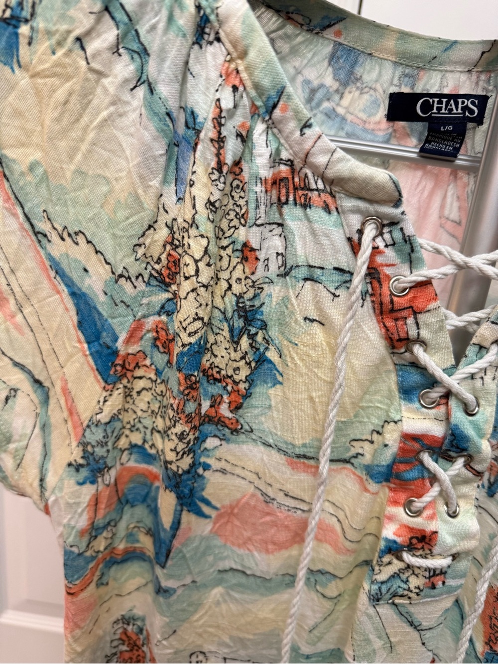 Chaps Multi-Color Lace-Up Short Sleeve Printed Blouse - Picture 3 of 6